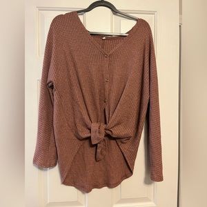 Front Button and Tie Light Waffle Knit Sweater